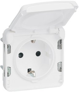 Фото Legrand Plexo Artic 070722 Розетка с заземляющим контактом (16 А, IP55, под рамку, скрытая установка, шторки, крышка, белый)