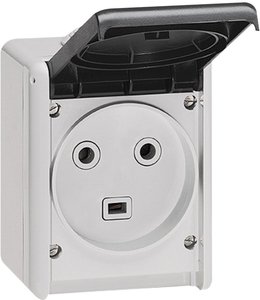 Фото Legrand Plexo 055872 Розетка с заземляющим контактом (32 А, IP55, в сборе, открытая установка, крышка, серая)