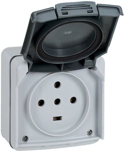Фото Legrand Plexo 091657 Розетка силовая трехфазная (20 А, 3K+З+Н, IP55, в сборе, открытая установка, крышка, серая)