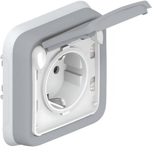 Фото Legrand Plexo 069833 Розетка с заземляющим контактом (16 А, в сборе, скрытая установка, крышка, серая)