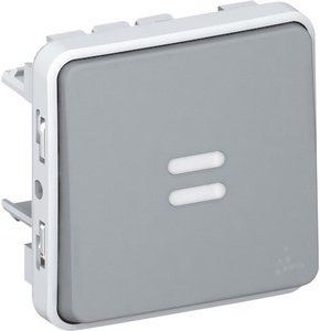 Фото Legrand Plexo 069513 Переключатель однополюсный проходной (10 А, подсветка, под рамку, с/у, серый)