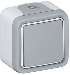 Фото Legrand Plexo 069711 Переключатель однополюсный проходной (10 А, в сборе, открытая установка, серый)