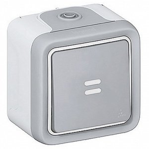 Фото Legrand Plexo 069713 Переключатель однополюсный проходной (10 А, подсветка, в сборе, открытая установка, серый)