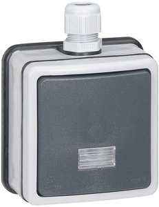 Фото Legrand Plexo 090460 Переключатель однополюсный проходной (10 А, IP66, подсветка, в сборе, открытая установка, серый)
