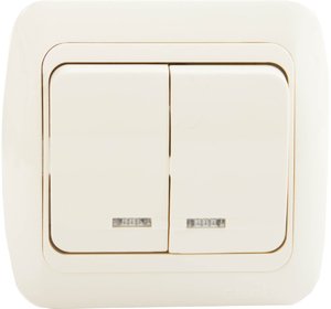 Фото ABB Tuna 502-010303-203 Выключатель двухклавишный (10 А, в сборе, подсветка, с/у, кремовый)