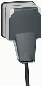 Фото Legrand Plexo 090465 Розетка (16 А, крышка, шторки, з/к, в сборе, открытая установка, серый/антрацит)