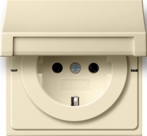 Фото Gira F100 0454111 Розетка SCHUKO с заземляющим контактом (16 А, крышка, под рамку, скрытая установка, кремовая глянцевая)