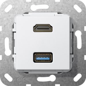 Фото Gira System55 567803 Розетка комбинированная переходник (HDMI+USB, под рамку, скрытая установка, белая глянцевая)