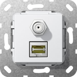 Фото Gira System55 569703 Розетка комбинированная (RJ45+SAT, под рамку, скрытая установка, белая глянцевая)
