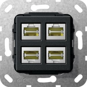 Фото Gira System55 569810 Розетка компьютерная переходник (4хRJ45, cat. 6a, под рамку, скрытая установка, черная матовая)
