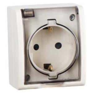 Фото Simon 15 Aqua 1594432-031 Розетка одинарная (16 А, з/к, крышка, шторки, в сборе, открытая установка, слоновая кость)