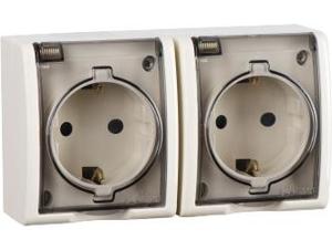 Фото Simon 15 Aqua 1594443-031 Розетка двойная (16 А, з/к, крышка, шторки, в сборе, открытая установка, слоновая кость)
