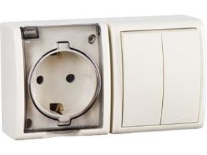 Фото Simon 15 Aqua 1594515-031 Блок комбинированный (2 кл.+1 роз., 10+16 А, в сборе, открытая установка, з/к, крышка, слоновая кость)