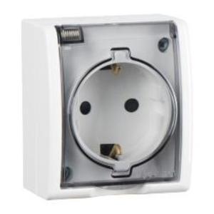 Фото Simon 15 Aqua 1594432-030 Розетка одинарная (16 А, з/к, крышка, шторки, в сборе, открытая установка, белая)