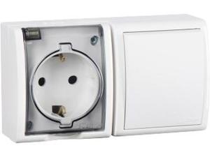 Фото Simon 15 Aqua 1594511-030 Блок комбинированный (1 кл.+1 роз., 10+16 А, в сборе, открытая установка, з/к, крышка, белый)