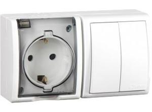Фото Simon 15 Aqua 1594515-030 Блок комбинированный (2 кл.+1 роз., 10+16 А, в сборе, открытая установка, з/к, крышка, белый)