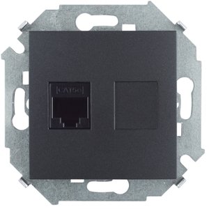 Фото Simon Simon 15 1591551-038 Розетка компьютерная (RJ45, cat.5e, AMP, под рамку, скрытая установка, графит)