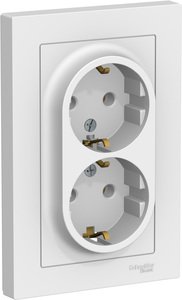 Фото Schneider Electric AtlasDesign ATN000124 Розетка двойная с заземляющим контактом (16 А, в сборе, скрытая установка, белая)