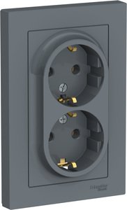Фото Schneider Electric AtlasDesign ATN000724 Розетка двойная с заземляющим контактом (16 А, в сборе, скрытая установка, грифель)