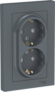 Фото Schneider Electric AtlasDesign ATN000726 Розетка двойная с заземляющим контактом (16 А, в сборе, шторки, скрытая установка, грифель)