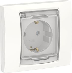 Фото Schneider Electric Unica New NU003718 Розетка с заземляющим контактом (IP44, 16 А, в сборе, шторки, крышка, скрытая установка, белая)