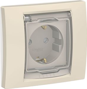 Фото Schneider Electric Unica New NU003744 Розетка с заземляющим контактом (IP44, 16 А, в сборе, шторки, крышка, скрытая установка, бежевая)