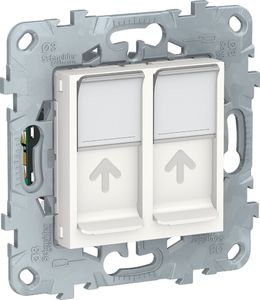 Фото Schneider Electric Unica New NU542018 Розетка компьютерная (2xRJ45, cat.5e, UTP, под рамку, скрытая установка, белая)