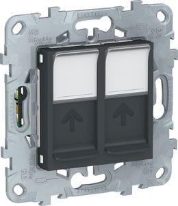 Фото Schneider Electric Unica New NU542054 Розетка компьютерная (2xRJ45, cat.5e, UTP, под рамку, скрытая установка, антрацит)