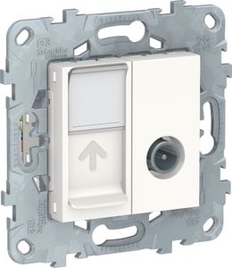 Фото Schneider Electric Unica New NU547018 Розетка комбинированная (TV+RJ45, cat6, UTP, под рамку, скрытая установка, белая)