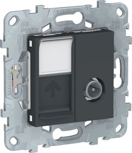 Фото Schneider Electric Unica New NU547054 Розетка комбинированная (TV+RJ45, cat6, UTP, под рамку, скрытая установка, антрацит)
