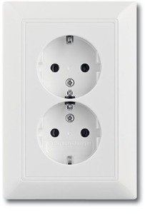 Фото ABB Basic55 2CKA002021A0378 Розетка двойная с заземляющим контактом (16 А, шторки, в сборе, скрытая установка, альпийский белый)