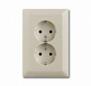 Фото ABB Basic55 2CKA002014A1476 Розетка двойная с заземляющим контактом (16 А, в сборе, скрытая установка, альпийский шампань)