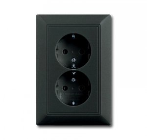 Фото ABB Basic55 2CKA002014A1477 Розетка двойная с заземляющим контактом (16 А, в сборе, скрытая установка, альпийский chateau-черный)