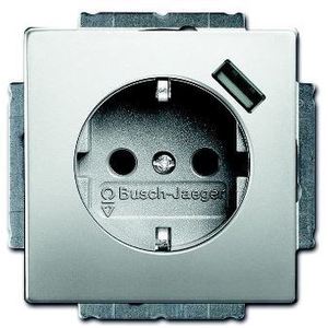 Фото ABB Pure steel 2CKA002011A6184 Розетка с заземляющим контактом (16 А, 1хUSB, под рамку, скрытая установка, шторки, сталь)
