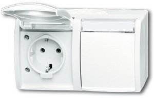 Фото ABB Ocean 2CKA002084A0715 Розетка двойная (16 А, IP44, горизонт., в сборе, поле для надписи, крышка, о/у, з/к, альпийский-белый)