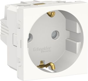 Фото Schneider Electric Unica New NU303718 Розетка с заземляющим контактом (16 А, 2 модуль, винт. зажимы, под рамку, шторки, скрытая установка, белая)