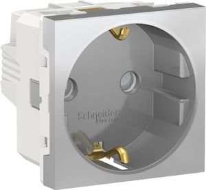 Фото Schneider Electric Unica New NU303730 Розетка с заземляющим контактом (16 А, 2 модуль, винт. зажимы, под рамку, шторки, скрытая установка, алюминий)