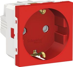 Фото Schneider Electric Unica New NU303703 Розетка с заземляющим контактом (16 А, 2 модуль, винт. зажимы, под рамку, шторки, скрытая установка, красная)