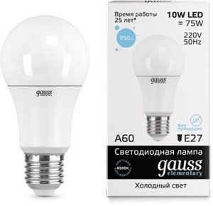 Фото Gauss 23230 Лампа LED Elementary A60 10W E27 6500K 1/10/50
