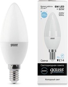Фото Gauss 33136 Лампа LED Elementary Candle 6W E14 6500K 1/10/100