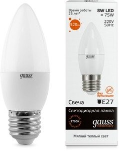 Фото Gauss 33218 Лампа LED Elementary Candle 8W E27 3000K 1/10/50