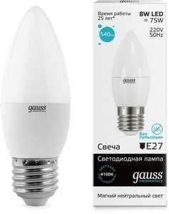 Фото Gauss 33228 Лампа LED Elementary Candle 8W E27 4100K 1/10/50