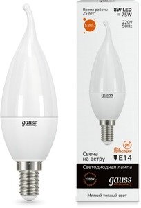 Фото Gauss 34118 Лампа LED Elementary Candle Tailed 8W E14 3000K 1/10/50