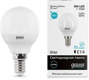 Фото Gauss 53128 Лампа LED Elementary Globe 8W E14 4100K 1/10/50