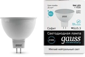 Фото Gauss 13529 Лампа LED Elementary MR16 GU5.3 9W 4100K 1/10/100
