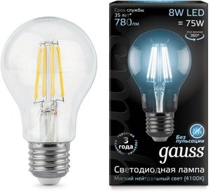 Фото Gauss 102802208 Лампа LED Filament A60 E27 8W 4100К 1/10/40