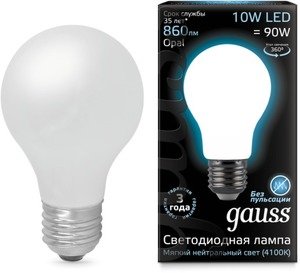 Фото Gauss 102202210 Лампа LED Filament A60 Opal E27 10W 4100К 1/10/40