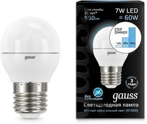 Фото Gauss 105102207-S Лампа LED Globe E27 7W 4100K step dimmable 1/10/100
