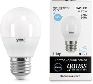 Фото Gauss 53238 LED Elementary Globe 8W E27 6500K 1/10/100 светодиодная лампа