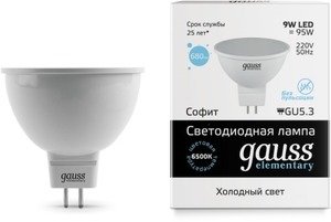 Фото Gauss 13539 LED Elementary MR16 GU5.3 9W 6500K 1/10/100 светодиодная лампа